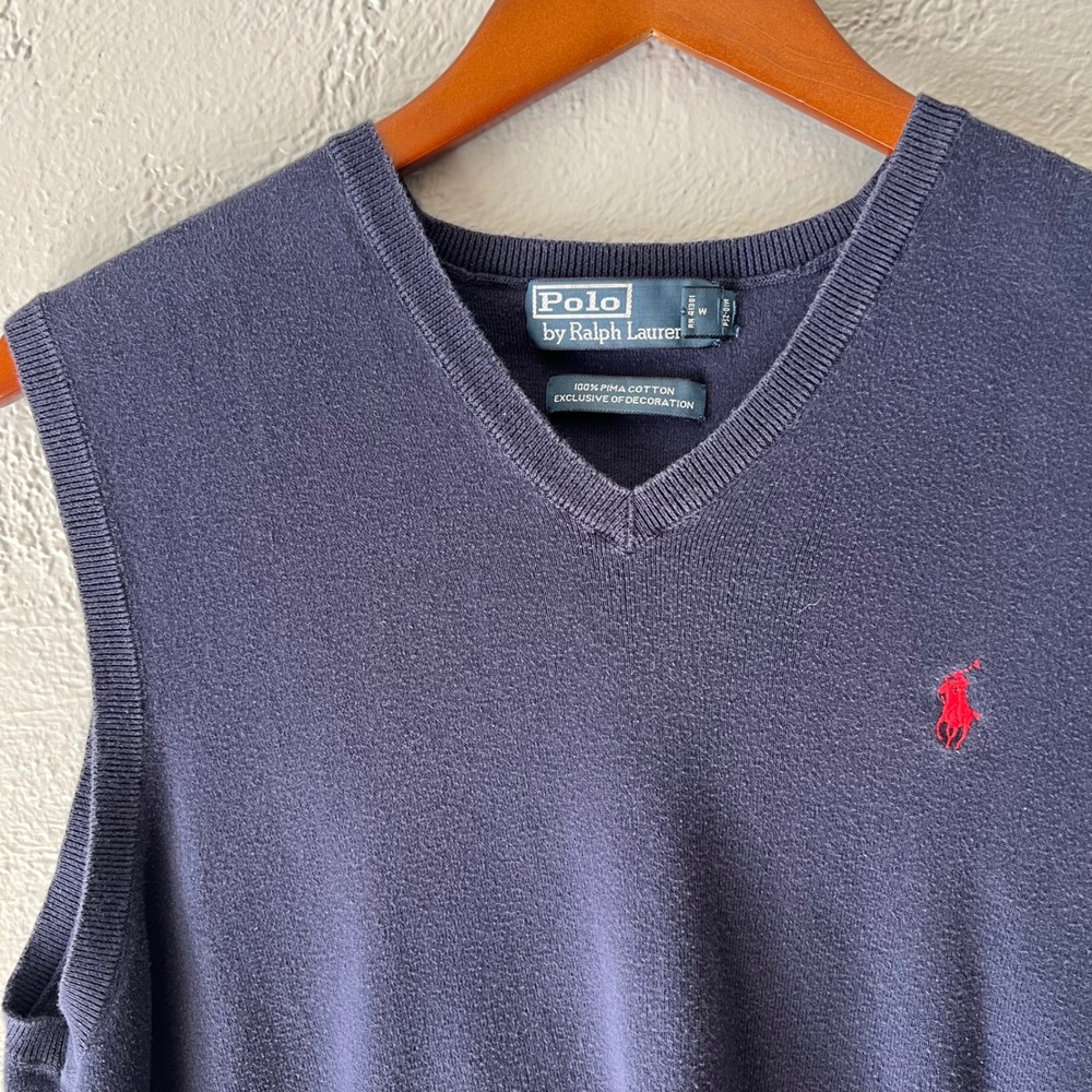 Polo Ralph Lauren Navy Blue 100% Pima Cotton V-Neck Sweater Vest Large